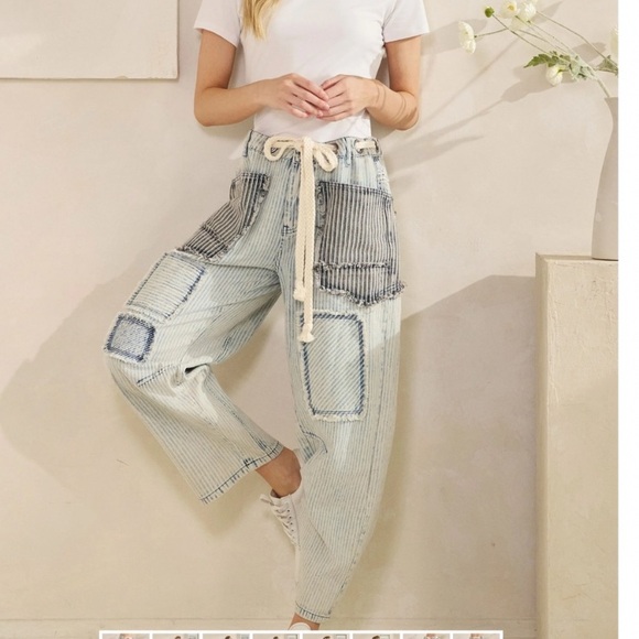 Oli & Hali Denim - Oli & Hali Multi Stripe Patchwork Denim Barrel Jeans Light Wash Boho Size Small